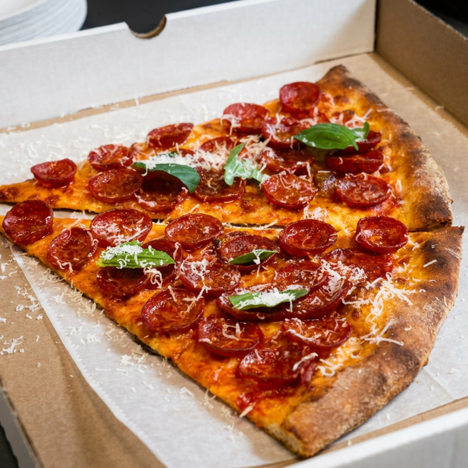 Rectangular pepperoni pizza topped with melted cheese and basil leaves sits in an open cardboard delivery box.