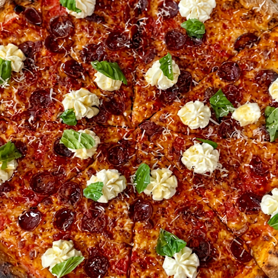 Overhead view of a wood-fired pepperoni pizza topped with tomato sauce, cheese, basil leaves, and dollops of cream on a wooden table.