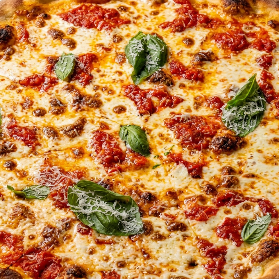 Thin-crust Margherita pizza topped with tomato sauce, melted mozzarella, fresh basil, and grated cheese.