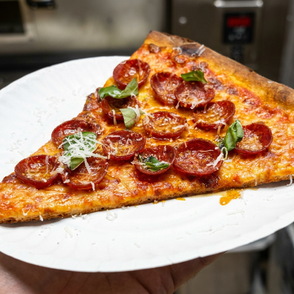 Large pepperoni pizza slice topped with melted cheese, fresh basil, and grated cheese on a white plate.