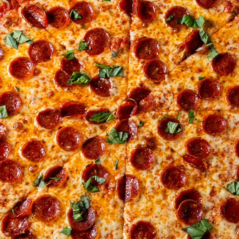 Overhead view of a cheesy pepperoni pizza topped with fresh basil and a golden-brown crust.