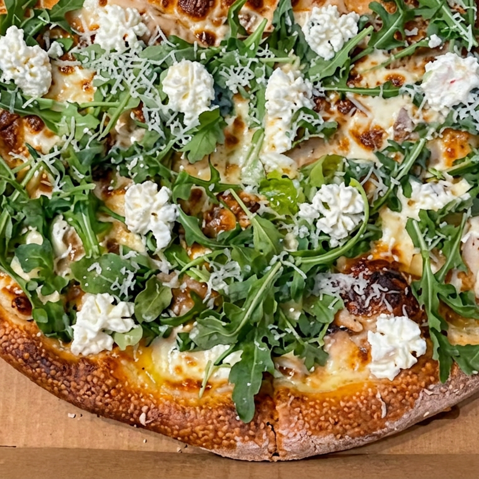 Overhead view of a blistered pizza topped with melted cheese, arugula, ricotta dollops, and grated cheese in a cardboard box.