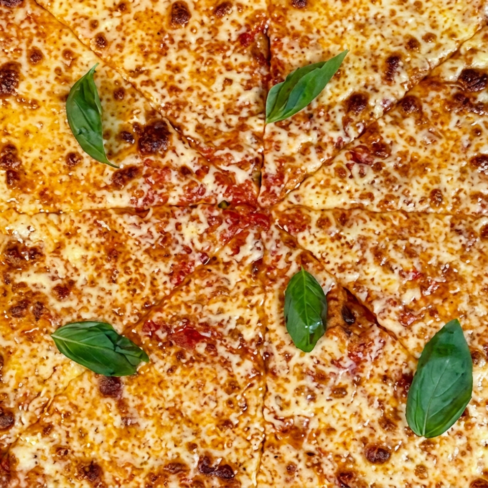 Large cheese pizza sliced into wedges, topped with tomato sauce and fresh basil leaves.