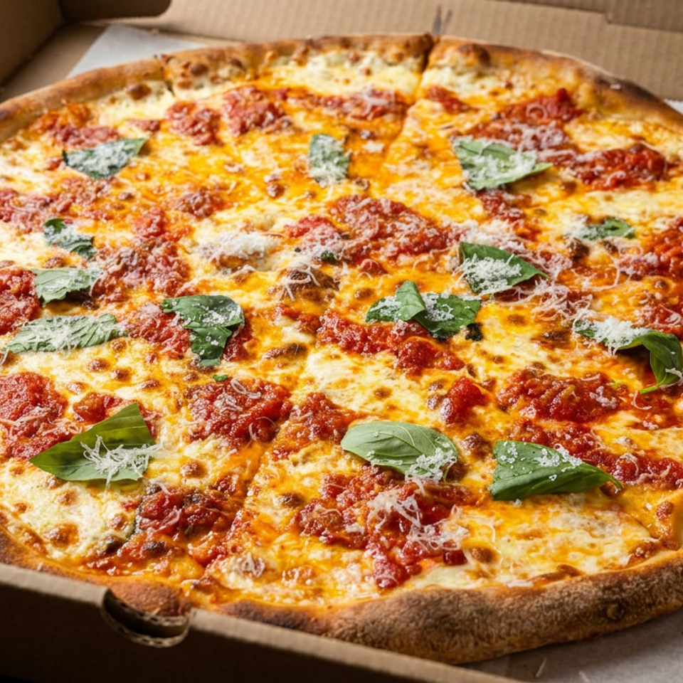 Round cheese pizza topped with tomato sauce, basil leaves, and grated cheese in an open cardboard delivery box.