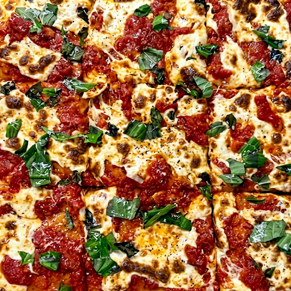 Close-up of a rectangular tomato-sauce pizza topped with browned melted cheese and fresh basil leaves.