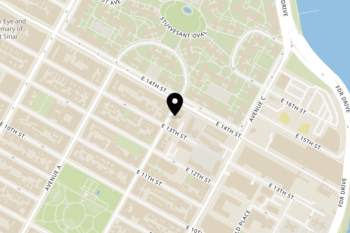 Map showing the location of Pop's Pizza of East Village on 223 Avenue B in New York